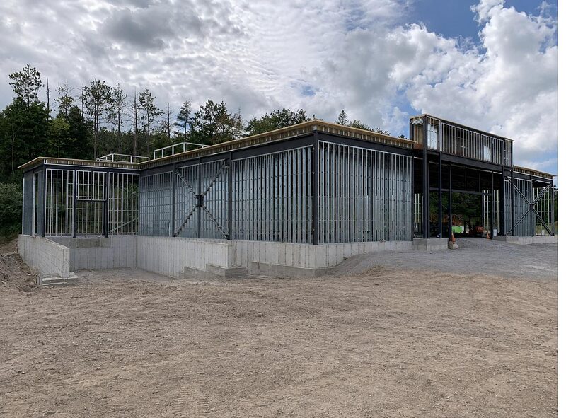 Exterior light-gauge steel framing on a commercial structure