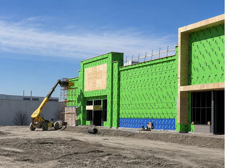 Commercial building exterior with sheathing and framed openings